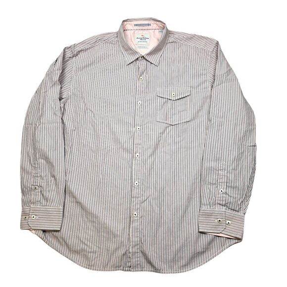 Tommy Bahama Shirt Mens XL Peach‎ Blue Stripe Long Sleeve Island Modern Fit - Picture 1 of 11
